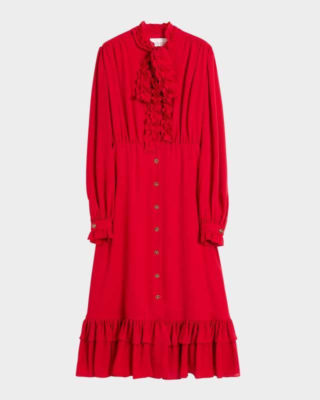 Ruffle Bow Long-Sleeve Silk Georgette Midi Shirtdress
